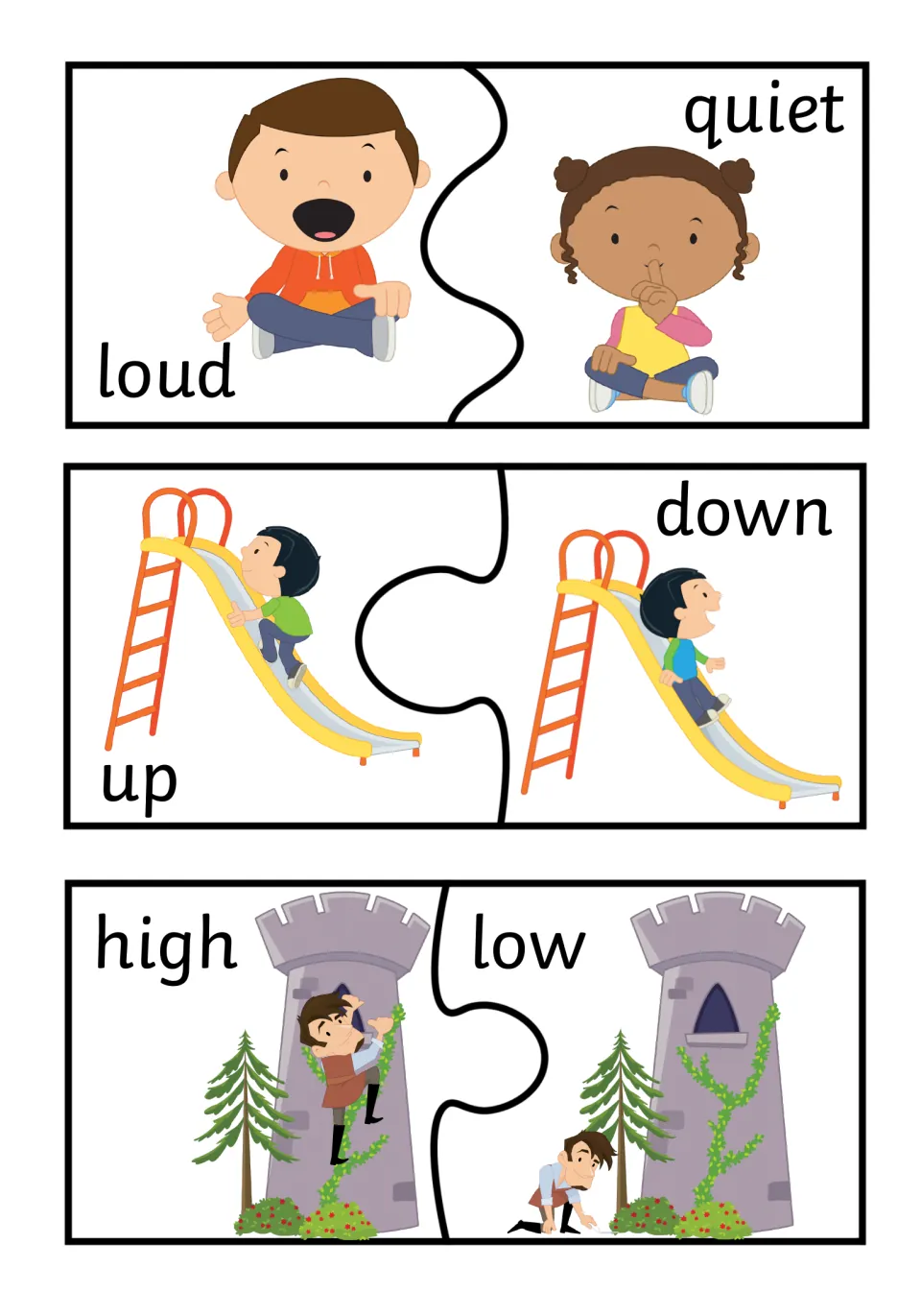 Loud/quiet, up/down and high/low: kids match a shouting boy to a shushing girl and a slide climber to a child sliding