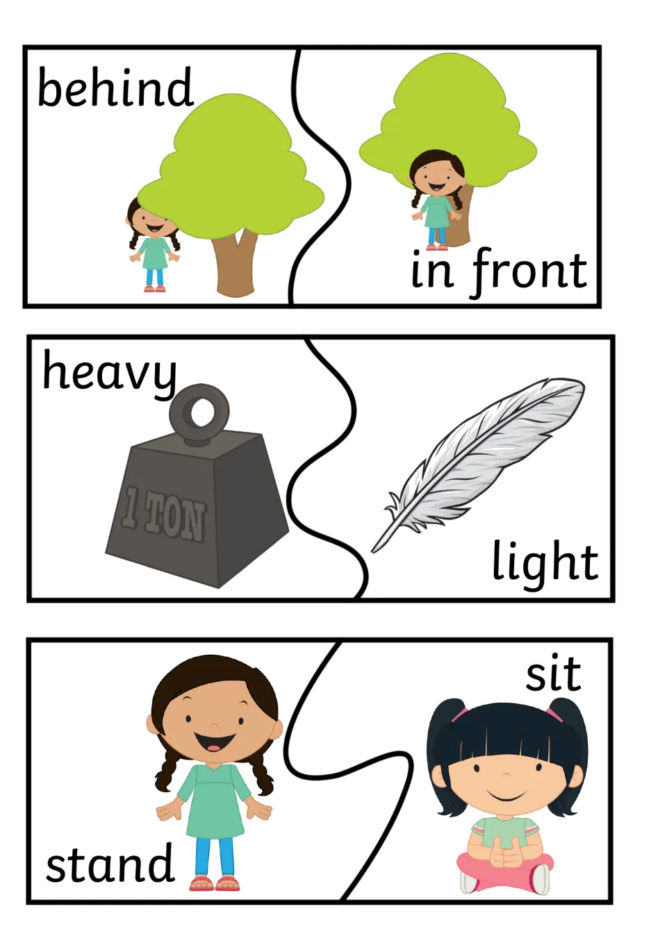 Position and weight opposites: behind/in front of a tree, a heavy 1-ton weight vs a light feather, and stand/sit to pair