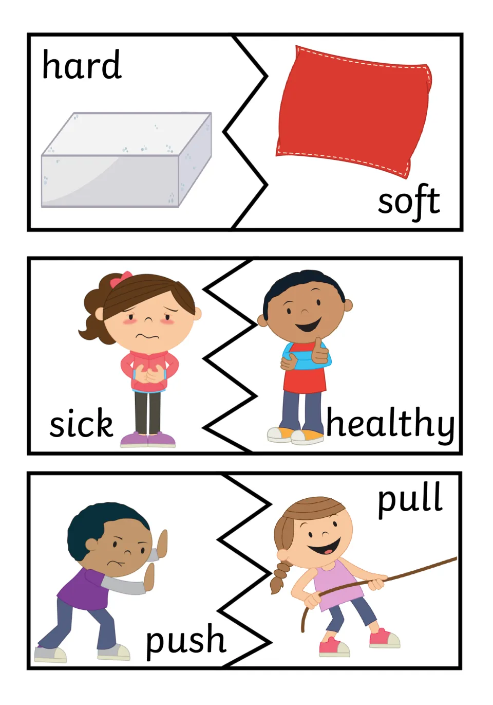 Hard/soft, sick/healthy and push/pull: children join a block to a pillow and a pushing boy to a girl pulling a rope