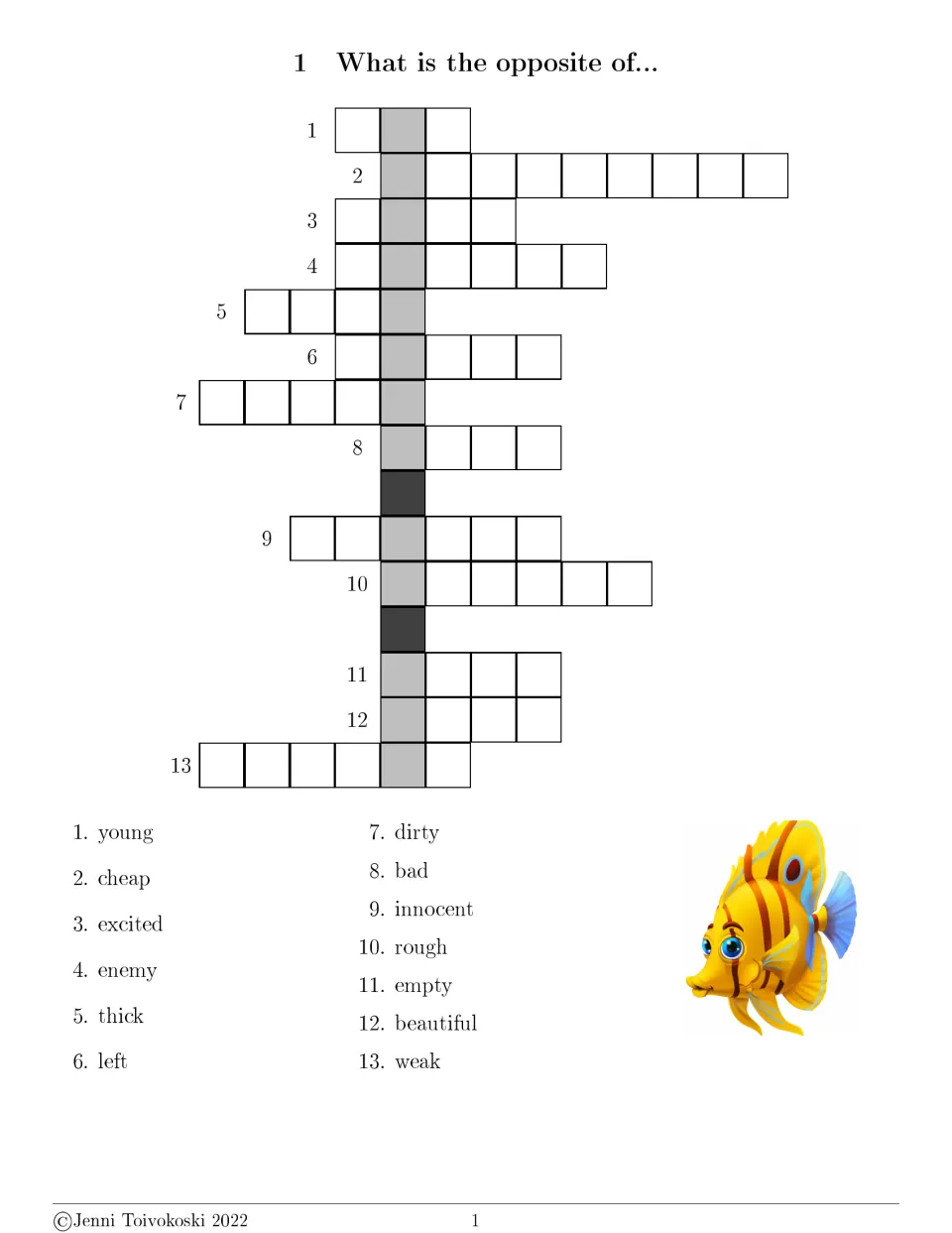 Opposite-word crossword 1 has 13 clues, including young, cheap, excited, enemy, thick, left, and dirty.