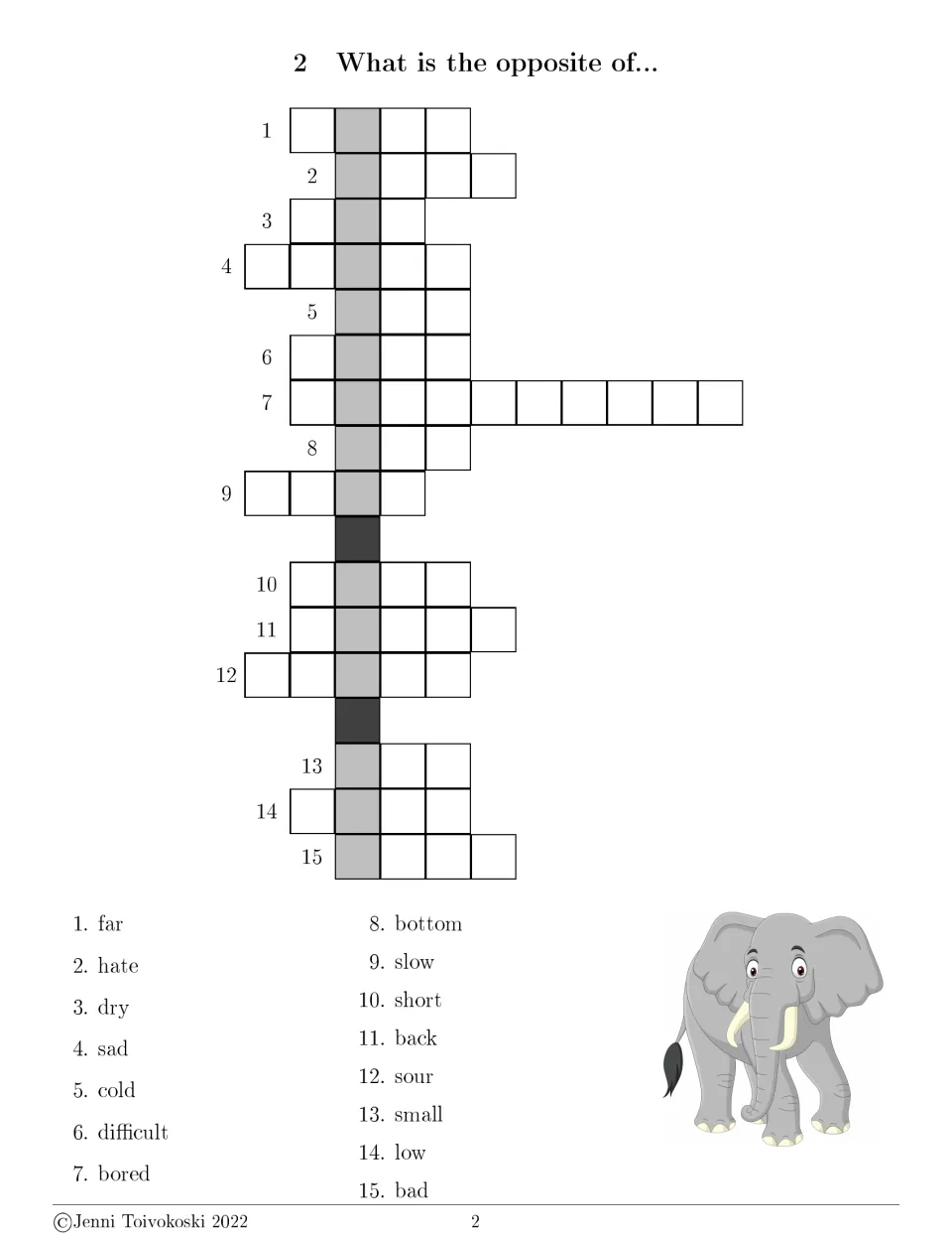 Opposite-word crossword 2 has 15 clues, including far, hate, dry, sad, cold, difficult, bored, and bottom.
