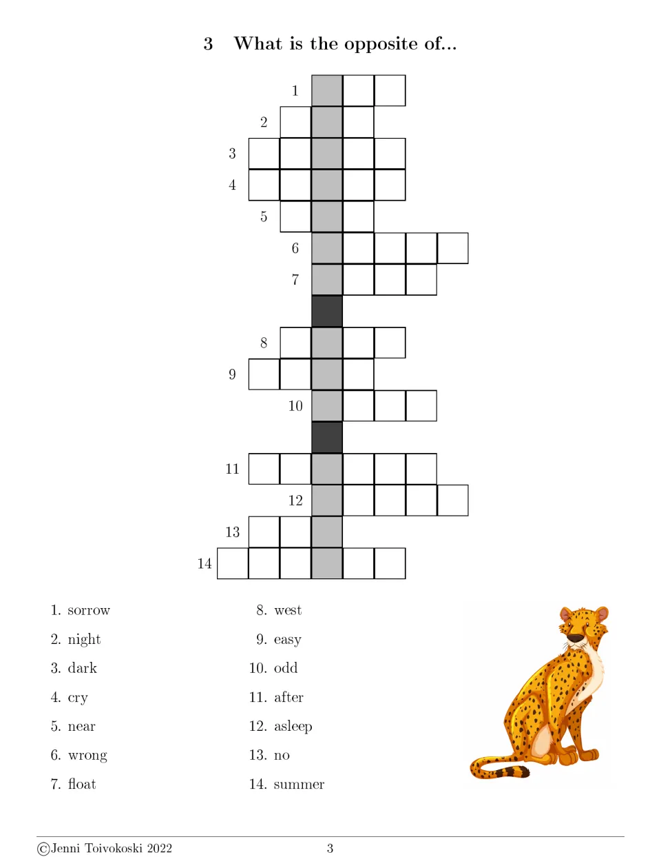 Opposite-word crossword 3 has 14 clues, including sorrow, night, dark, cry, near, wrong, float, and west.
