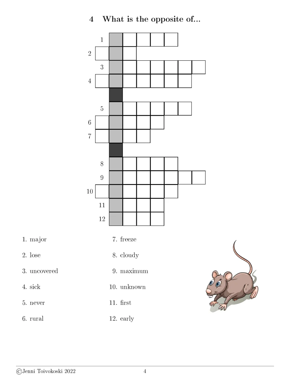 Opposite-word crossword 4 has 12 clues, including major, lose, uncovered, sick, never, rural, and freeze.