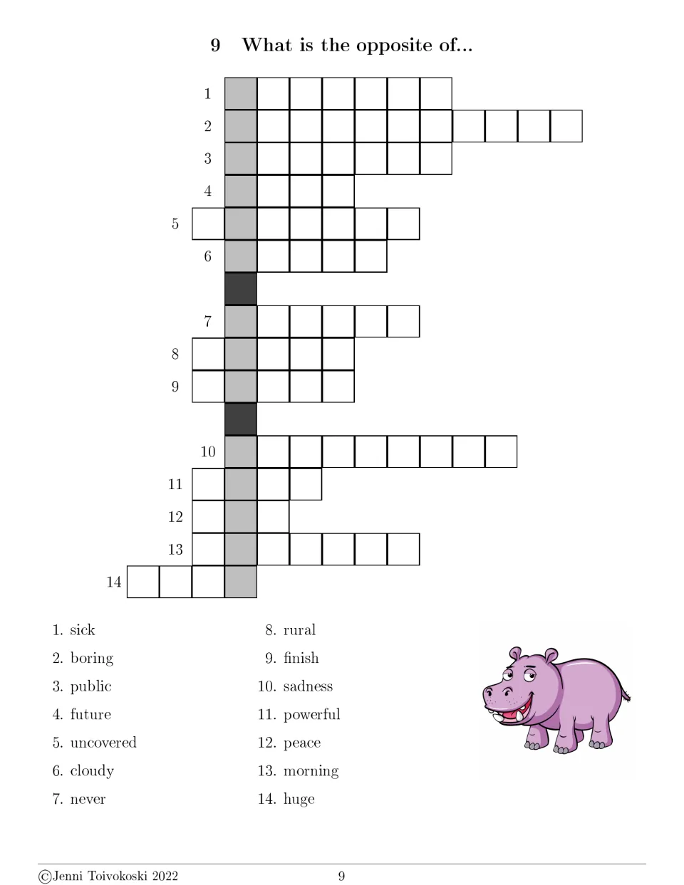Opposite-word crossword 9 has 14 clues, including sick, boring, public, future, uncovered, and cloudy.