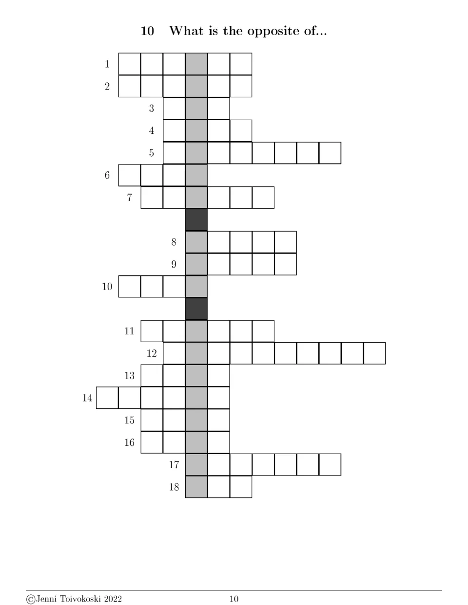 Opposite-word crossword 10 has 18 numbered entries under “What is the opposite of...” with no clues shown.