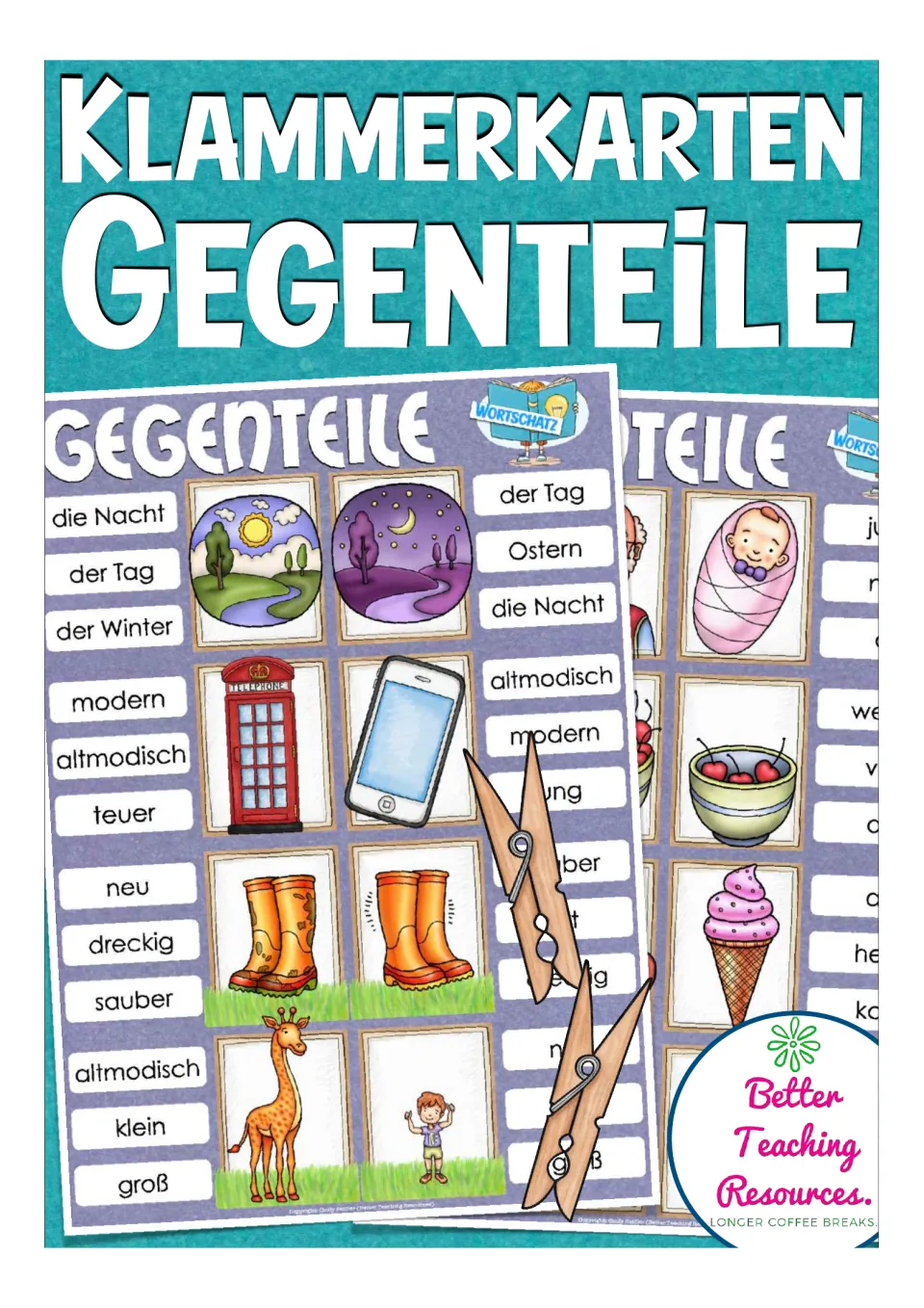 Cover of the German opposites clip-card resource, showing sample vocabulary cards and clothespins