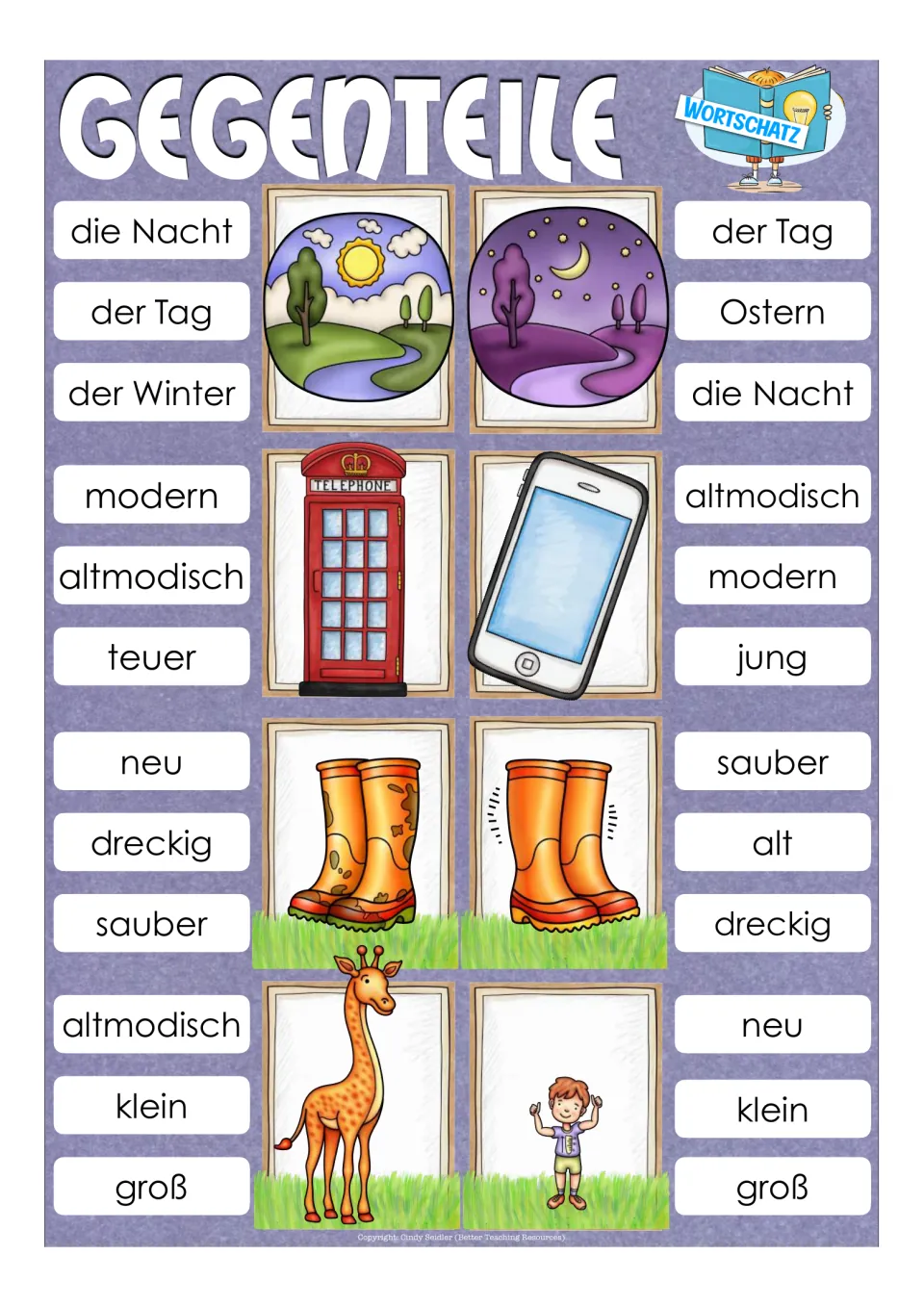 German vocabulary clip cards: day/night, old-fashioned/modern, dirty/clean and big/small picture pairs