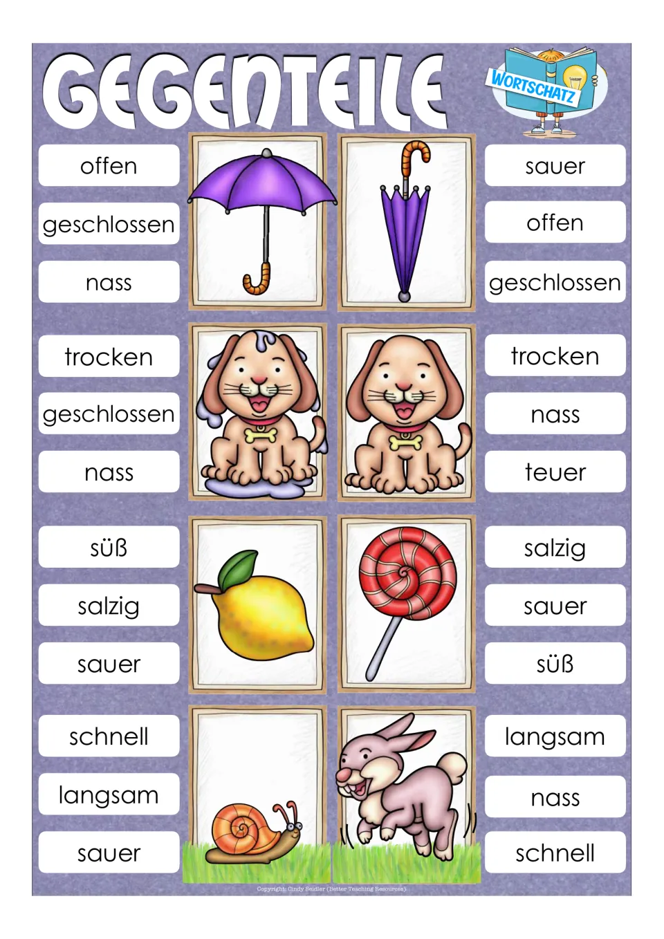 German vocabulary clip cards: open/closed umbrellas, wet/dry dogs, sour/sweet foods and slow/fast animals
