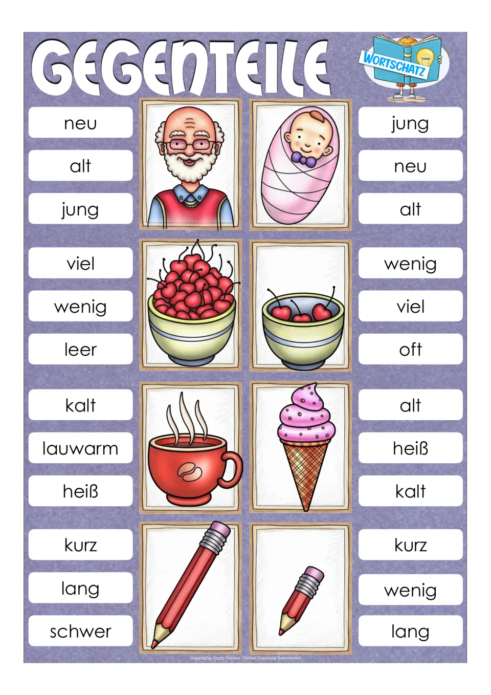 German vocabulary clip cards: old/young people, many/few cherries, hot/cold foods and long/short pencils