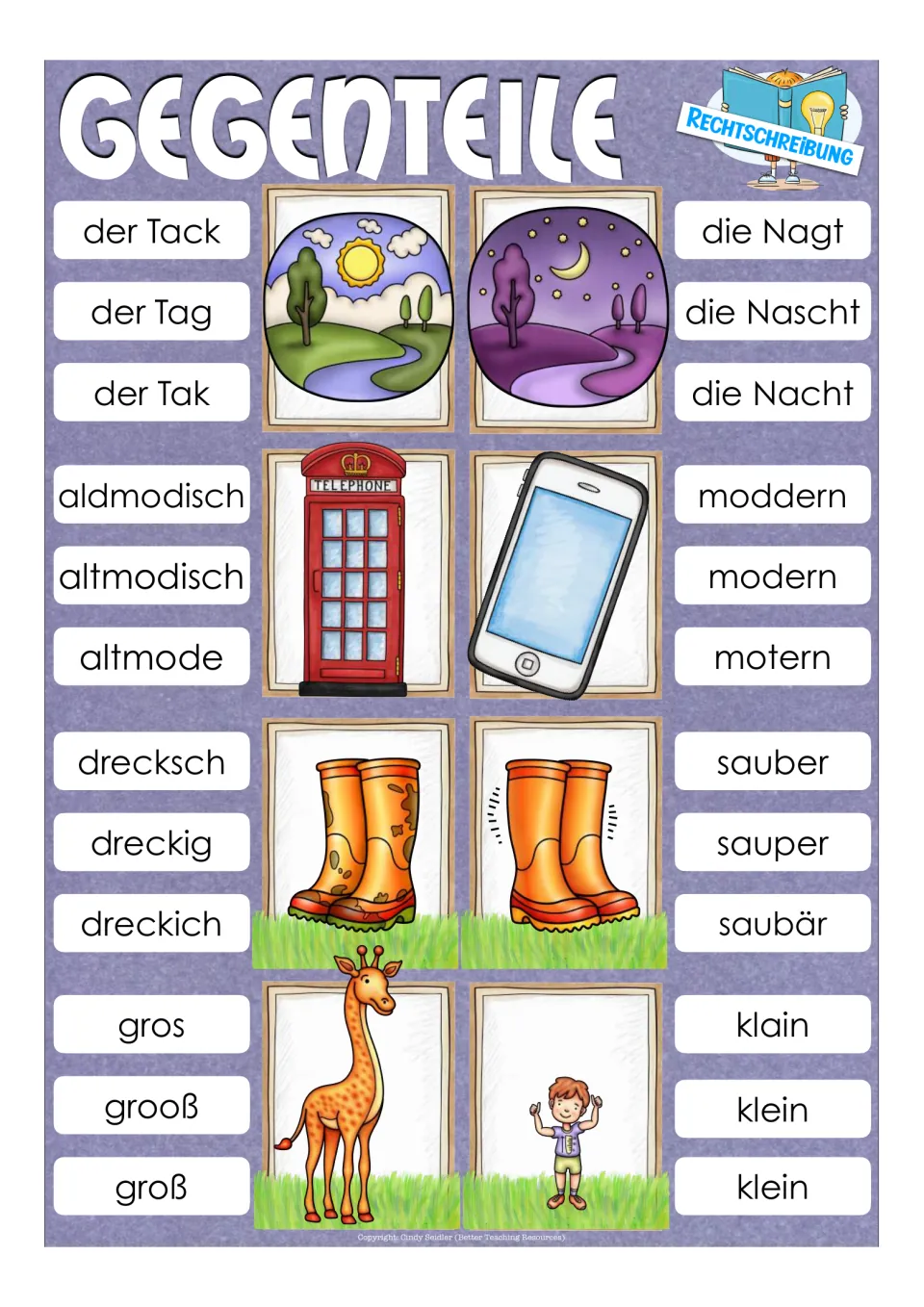 German spelling clip cards for day/night, old-fashioned/modern, dirty/clean and big/small, with word choices