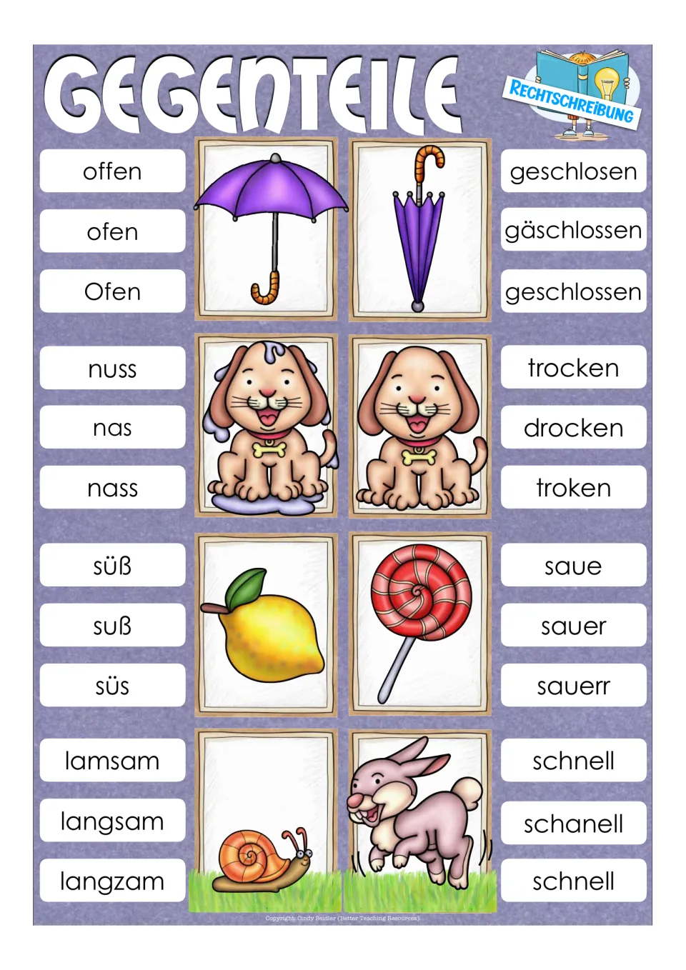 German spelling clip cards for open/closed, wet/dry and slow/fast; lemon and lollipop words are swapped