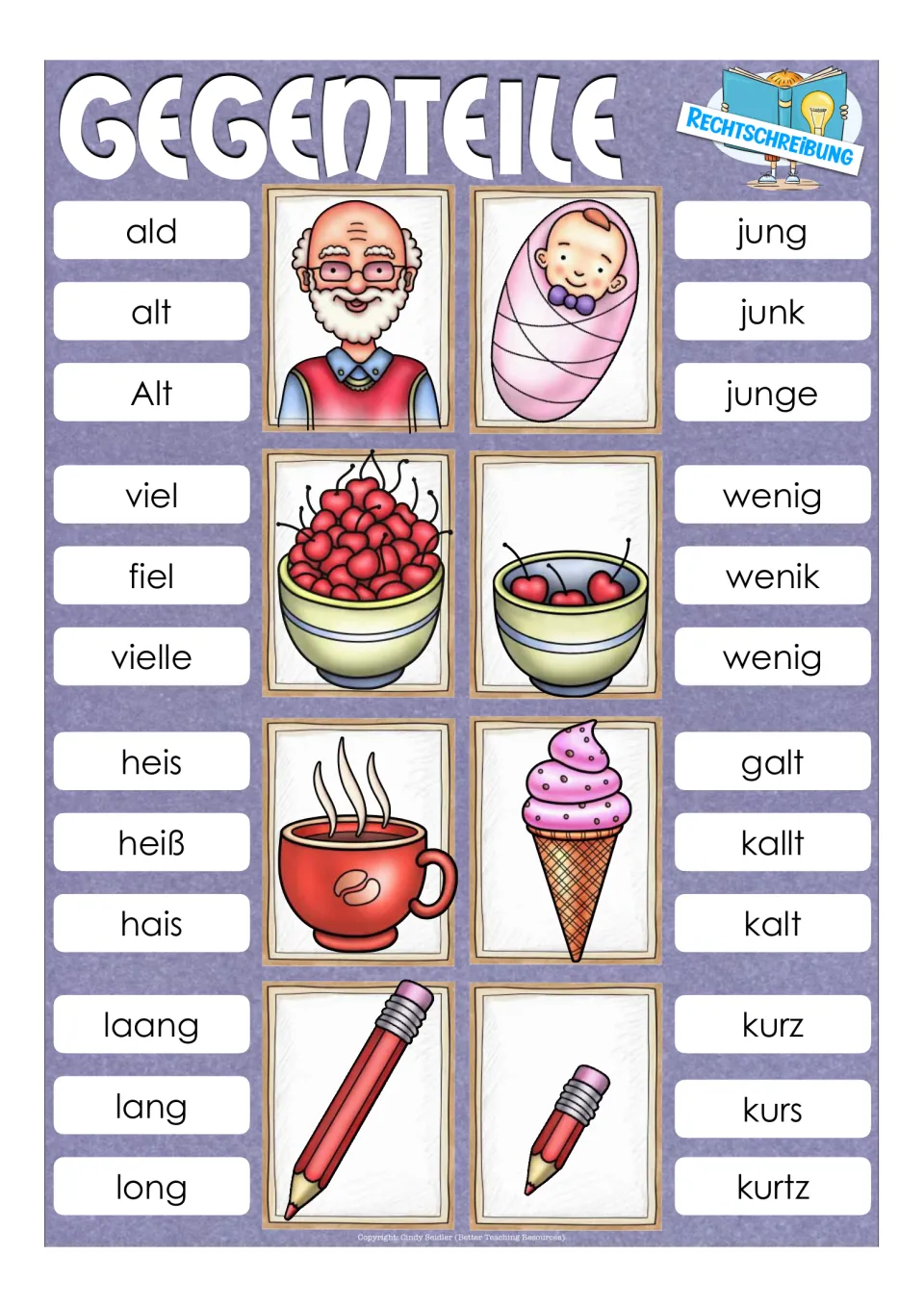 German spelling clip cards for alt (old), jung (young), viel (much), wenig (little) and four more words