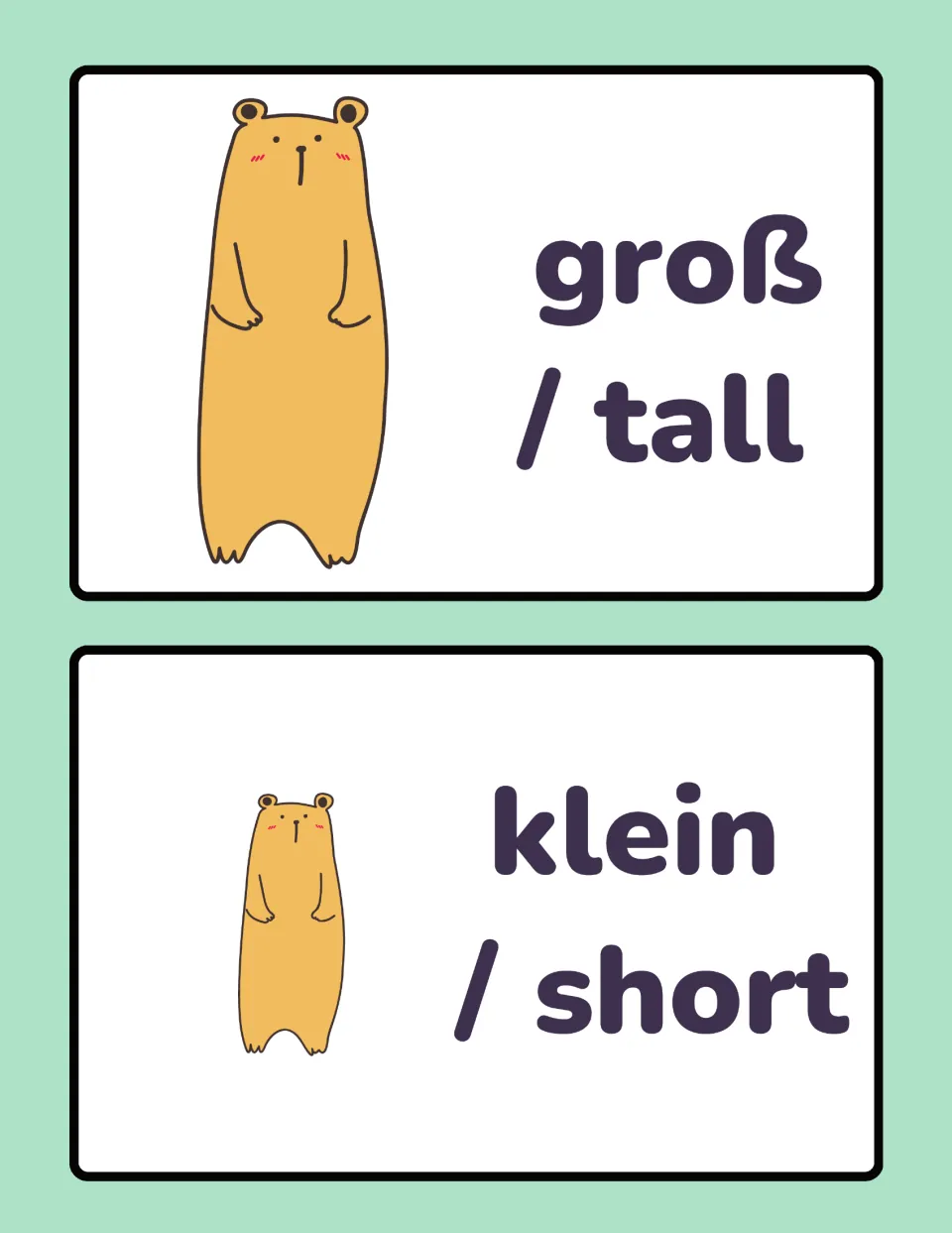 German opposites cards 1–2: groß (tall) and klein (short), illustrated by bears of different heights
