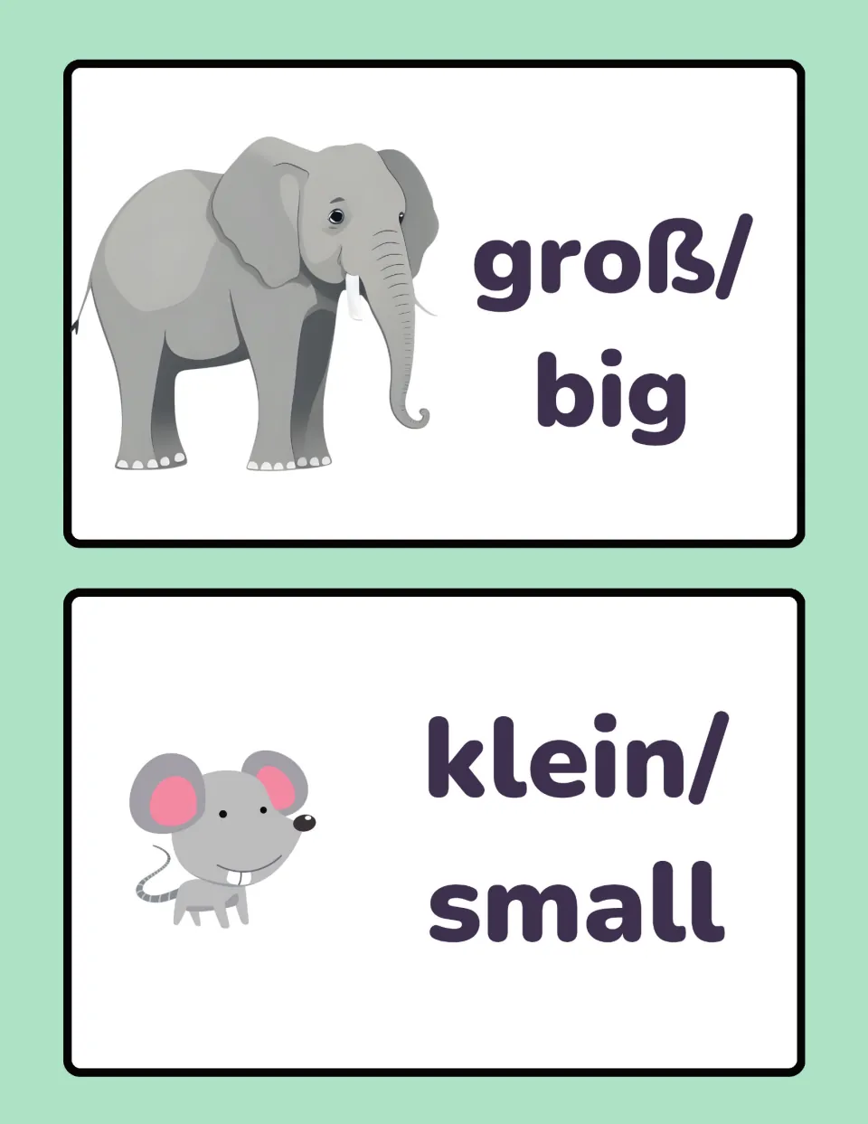 German opposites cards 3–4: groß (big) and klein (small), illustrated by an elephant and a small mouse