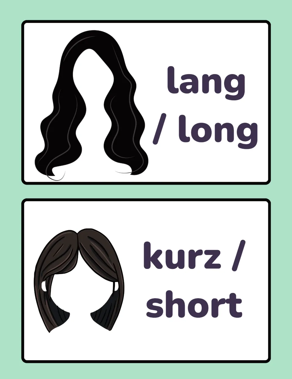 German opposites cards 5–6: lang (long) and kurz (short), illustrated by long and short hairstyles
