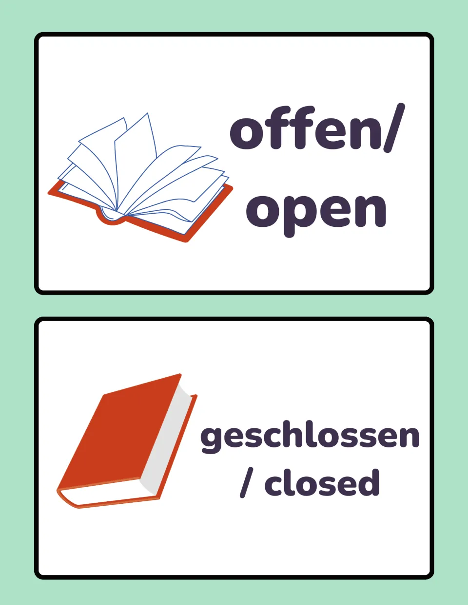 German opposites cards 7–8: offen (open) and geschlossen (closed), illustrated by open and closed books