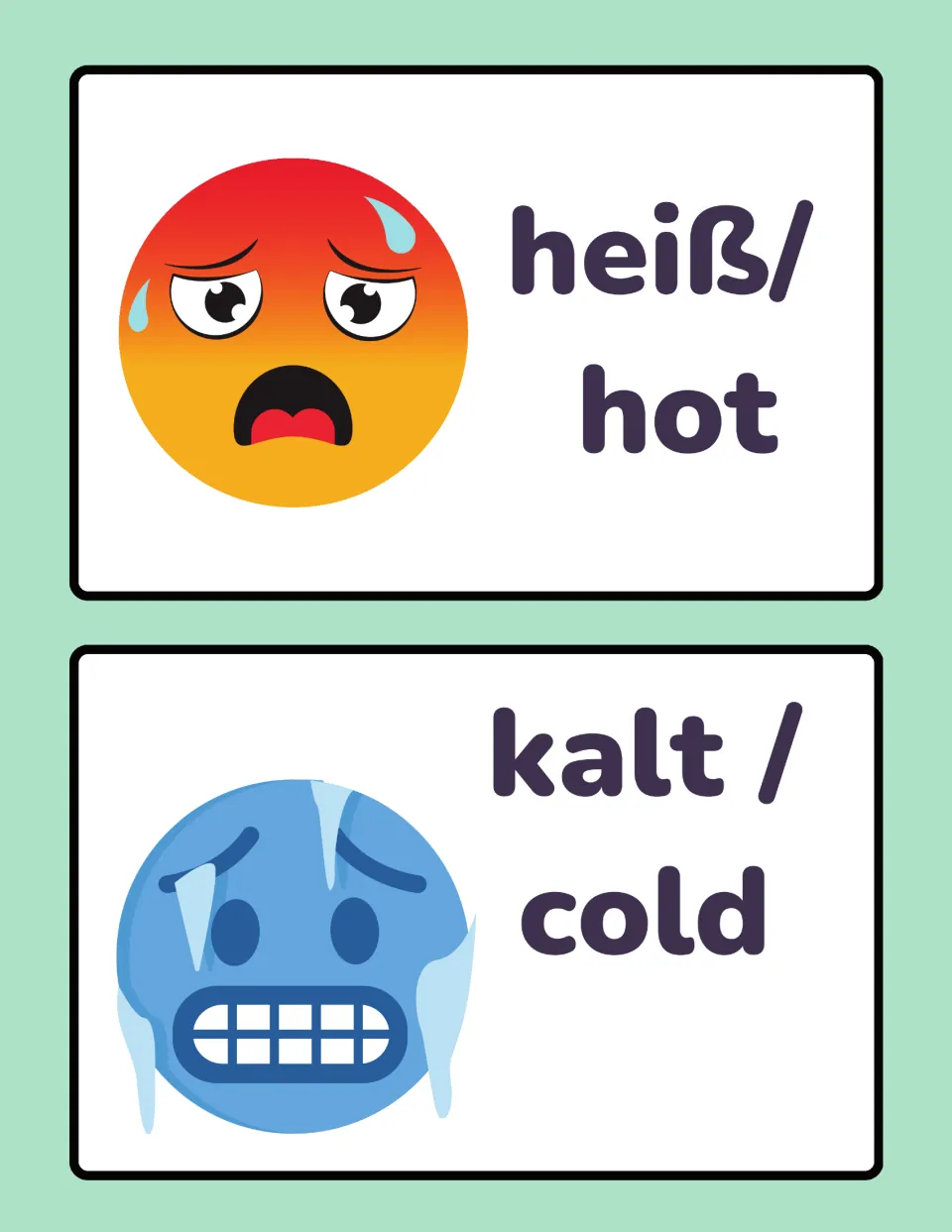 German opposites cards 9–10: heiß (hot) and kalt (cold), illustrated by sweating and freezing faces