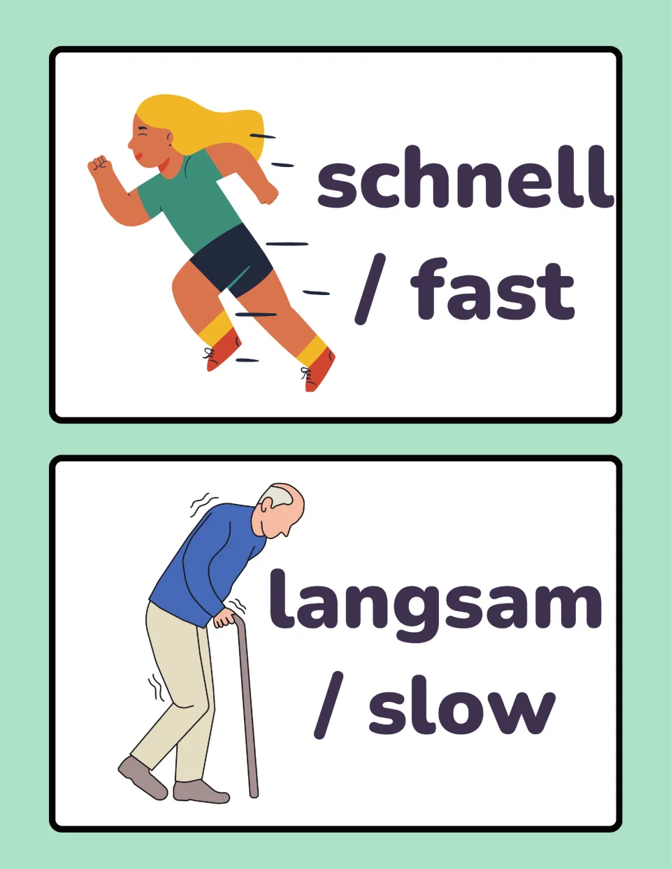 German opposites cards 11–12: schnell (fast) and langsam (slow), showing a runner and a man using a cane