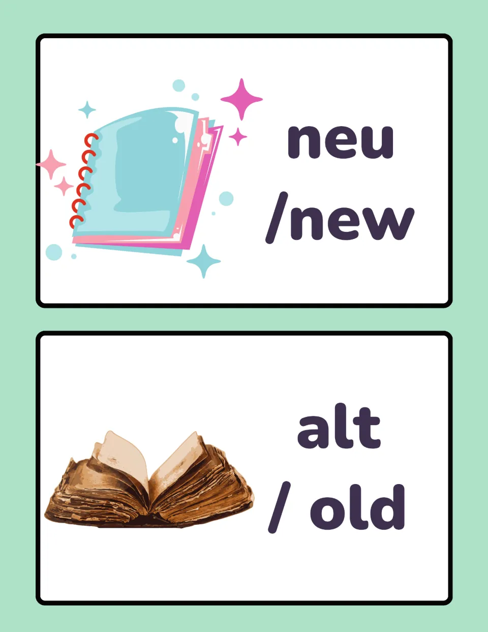 German opposites cards 13–14: neu (new) and alt (old), illustrated by a new notebook and a worn book