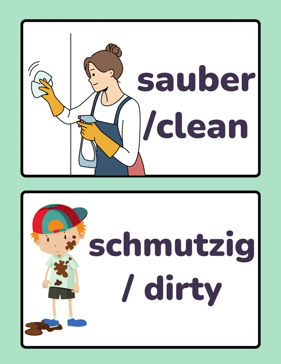 German opposites cards 15–16: sauber (clean) and schmutzig (dirty), showing a woman cleaning and a muddy child