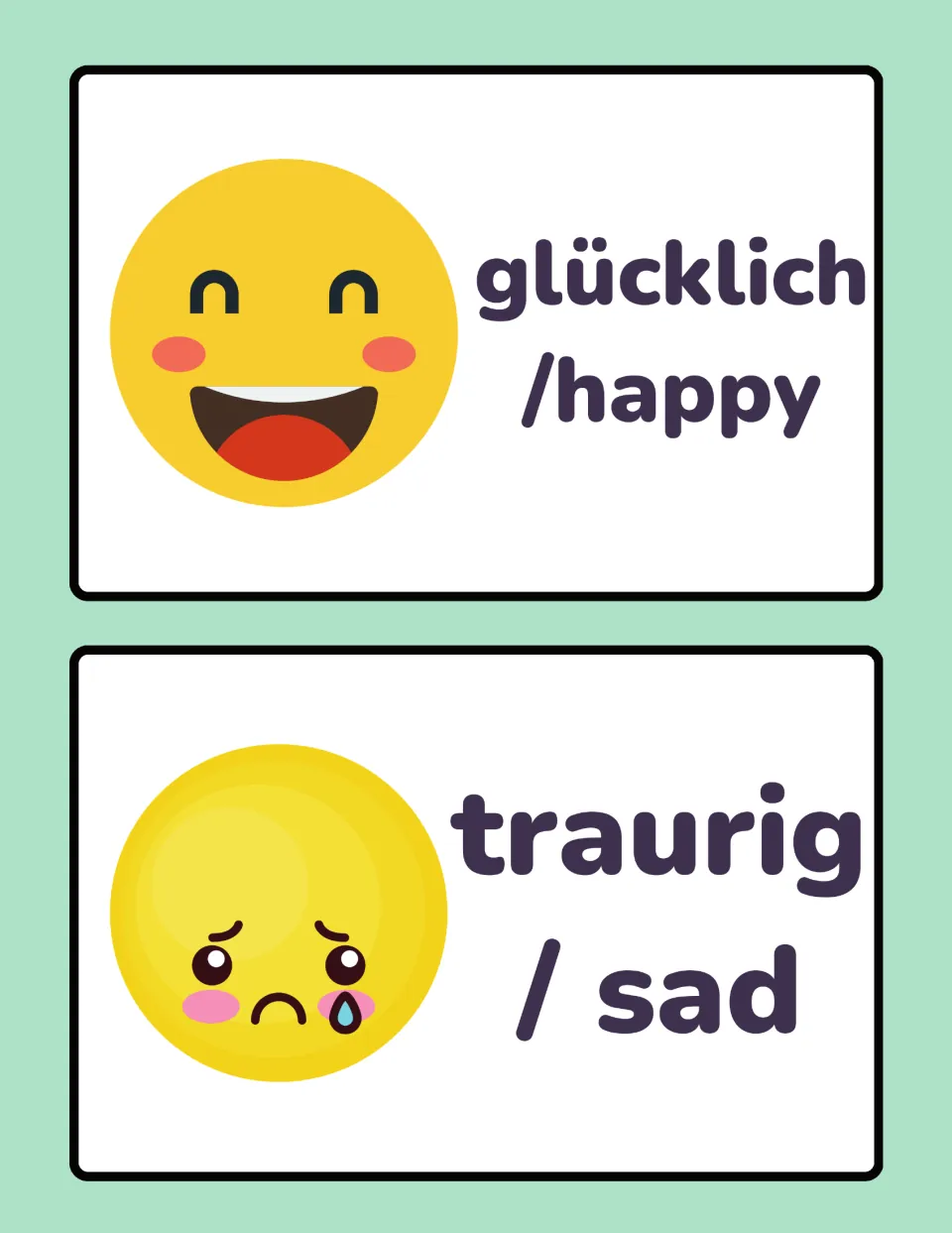 German opposites cards 17–18: glücklich (happy) and traurig (sad), illustrated by smiling and crying faces