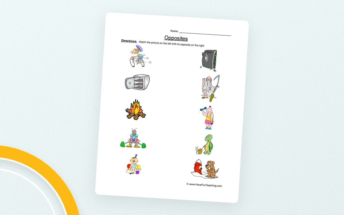 Opposites Matching Worksheet preview: Two columns of picture choices