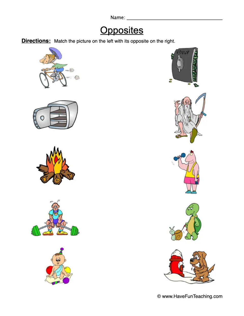Opposites picture match: students link 5 pictures, such as a fast cyclist, campfire and baby, to their opposites