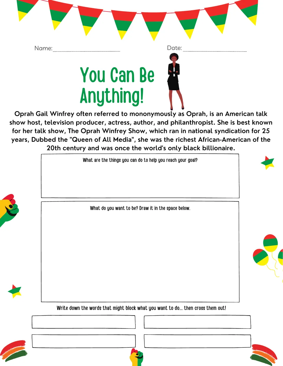 Oprah Winfrey biography: students read a short bio, list steps toward a goal, draw a future job and cross out doubts