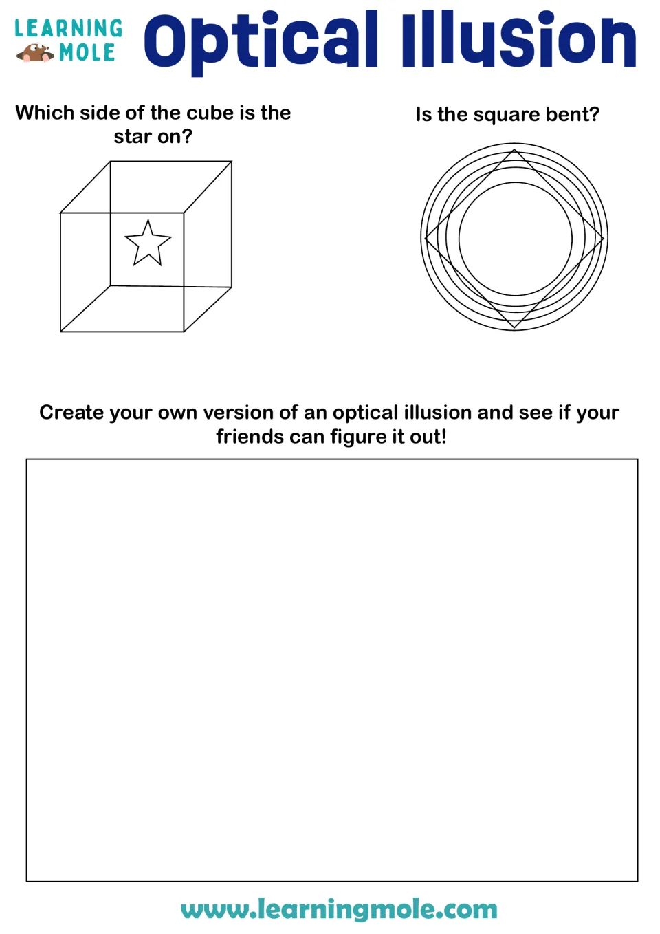 Optical illusions: students judge which cube face holds the star and if a square on circles is bent, then draw their own