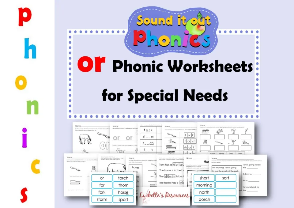 OR phonics pack cover for special needs, showing samples of word cards, spelling tasks, and reading pages