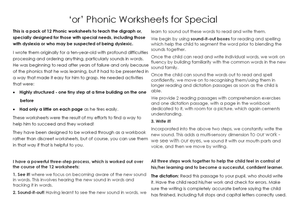 Teaching notes for the 12 OR worksheets explain the three steps: See it! Sound-it-out! and Write it!