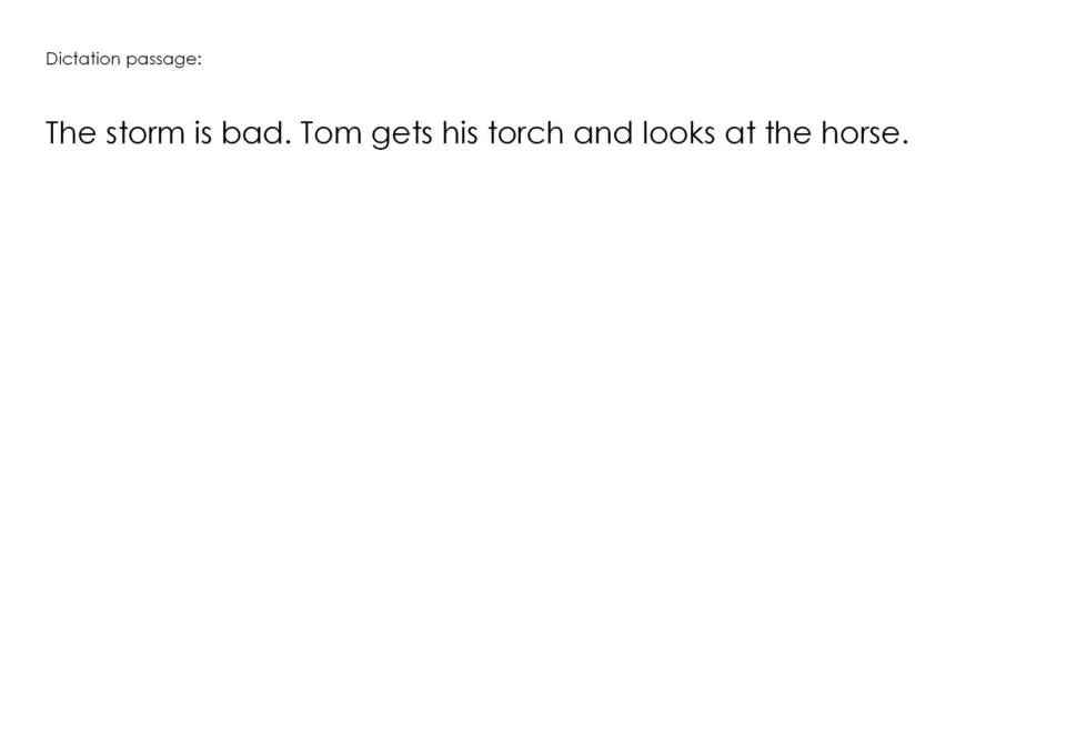 OR dictation passage: “The storm is bad. Tom gets his torch and looks at the horse.” for teacher read-aloud