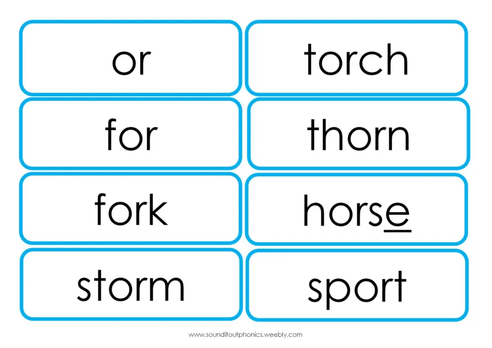 First OR word-card sheet contains eight words: or, for, fork, storm, torch, thorn, horse, and sport