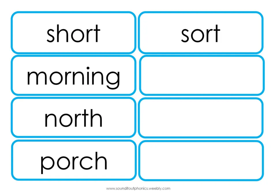 Second OR word-card sheet contains short, morning, north, porch, and sort, plus three blank cards