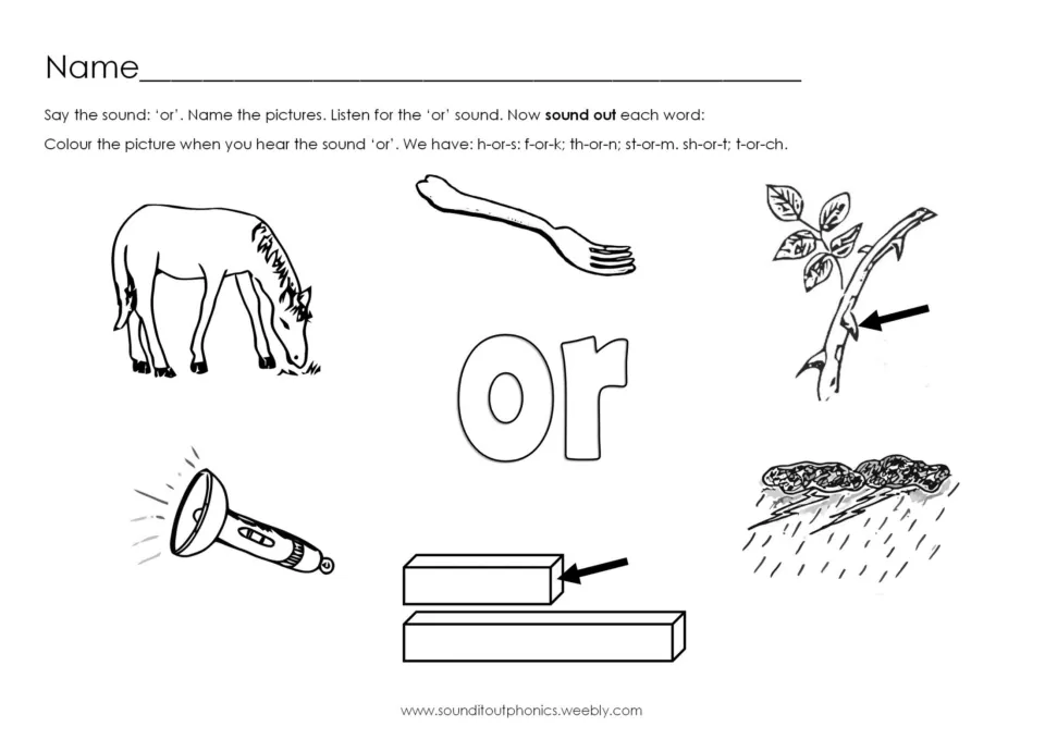 OR sound recognition activity asks students to name and color pictures of horse, fork, thorn, and more