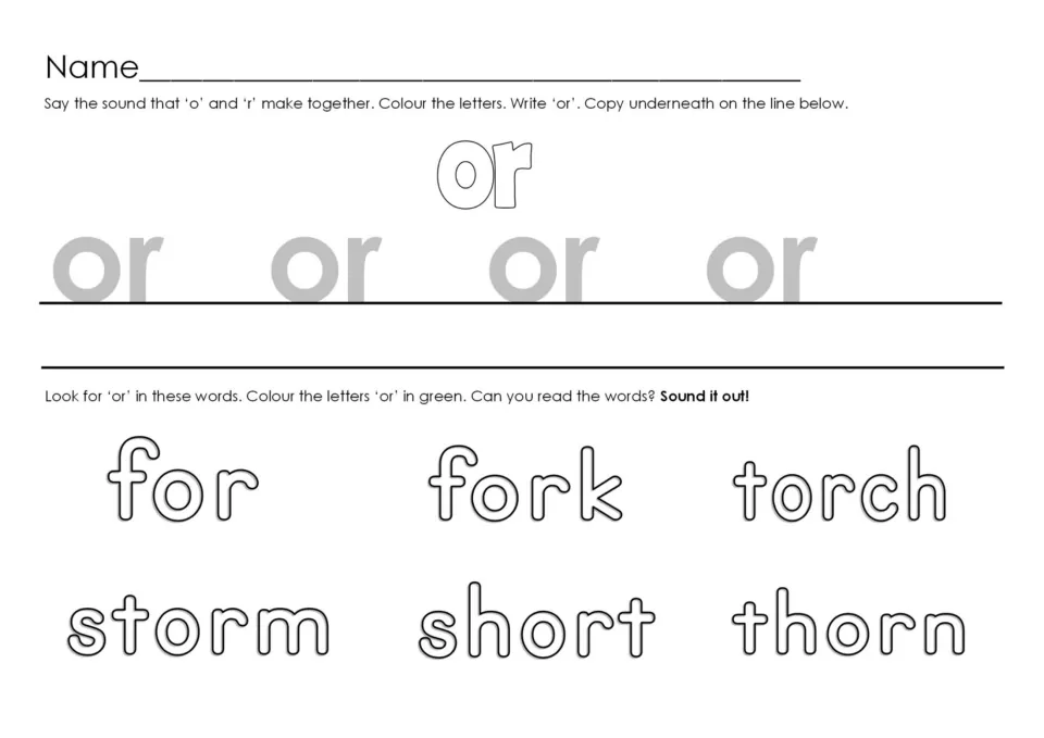 OR letter practice asks students to trace and copy or, then find it in for, fork, torch, storm, short, and thorn
