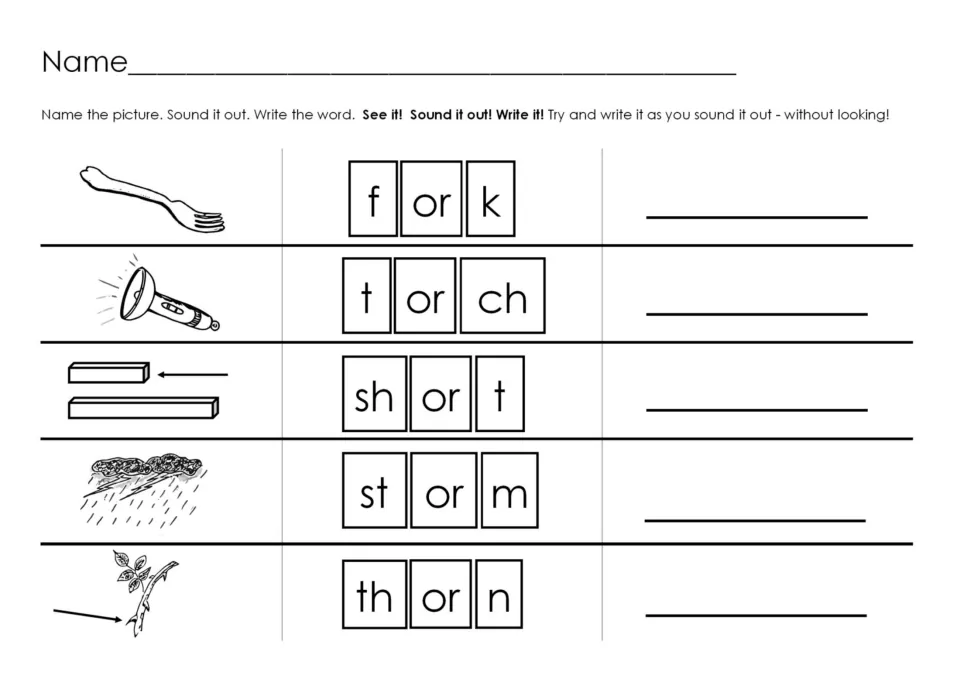 OR spelling activity pairs pictures and segmented words for fork, torch, short, storm, and thorn to write