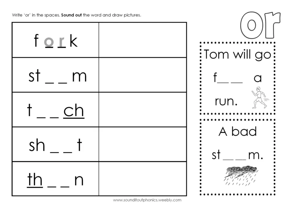 OR completion activity uses fork, storm, torch, short, and thorn, plus “Tom will go for a run” and “A bad storm”