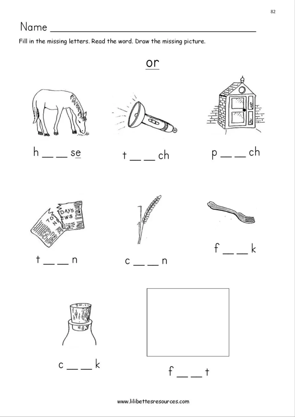 OR phonics: students fill in missing letters for horse, torch, porch, torn, corn, fork and cork, then draw a fort