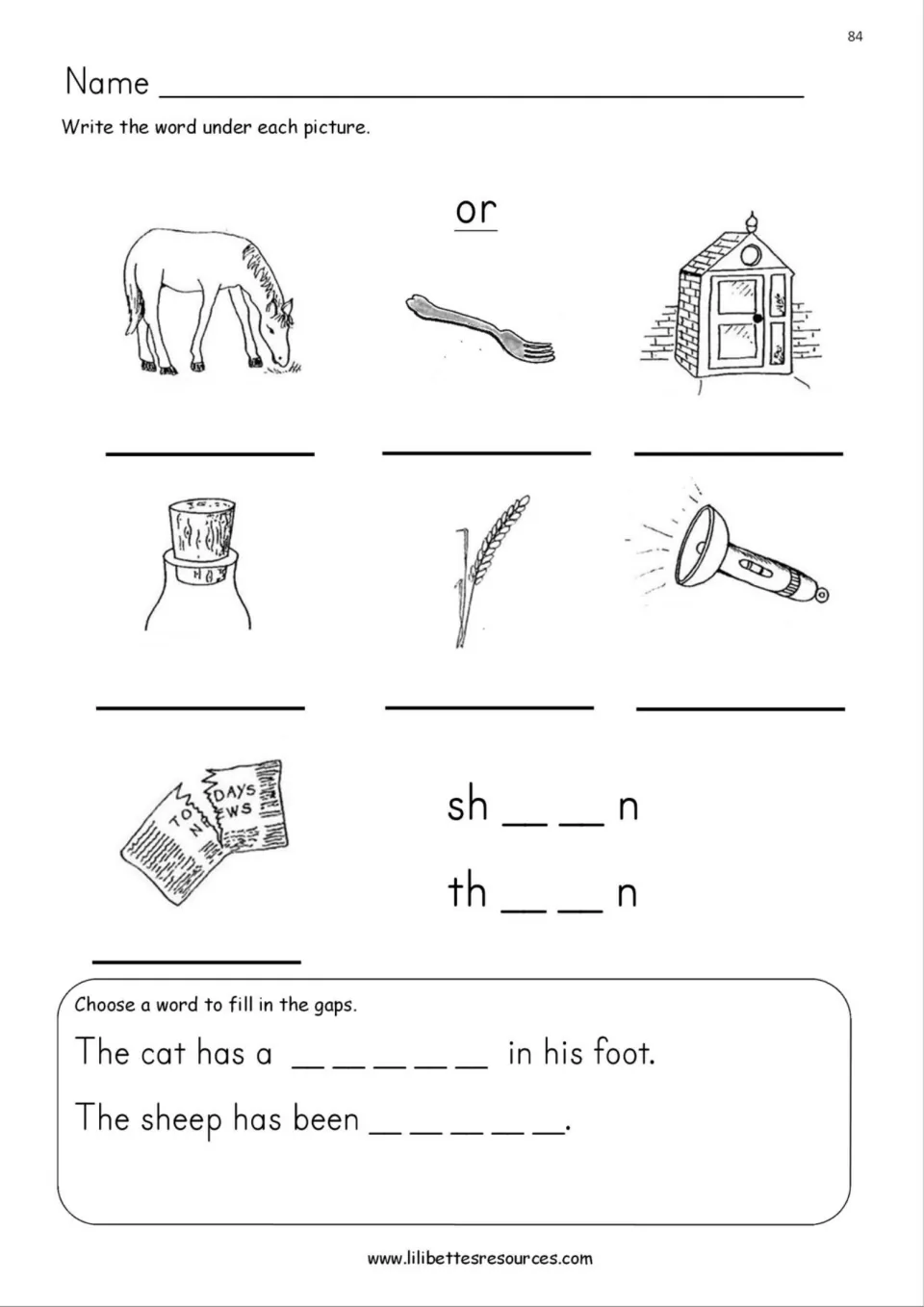 OR words: students write horse, fork, porch, cork, corn, torch and torn under pictures, then fill gaps in two sentences