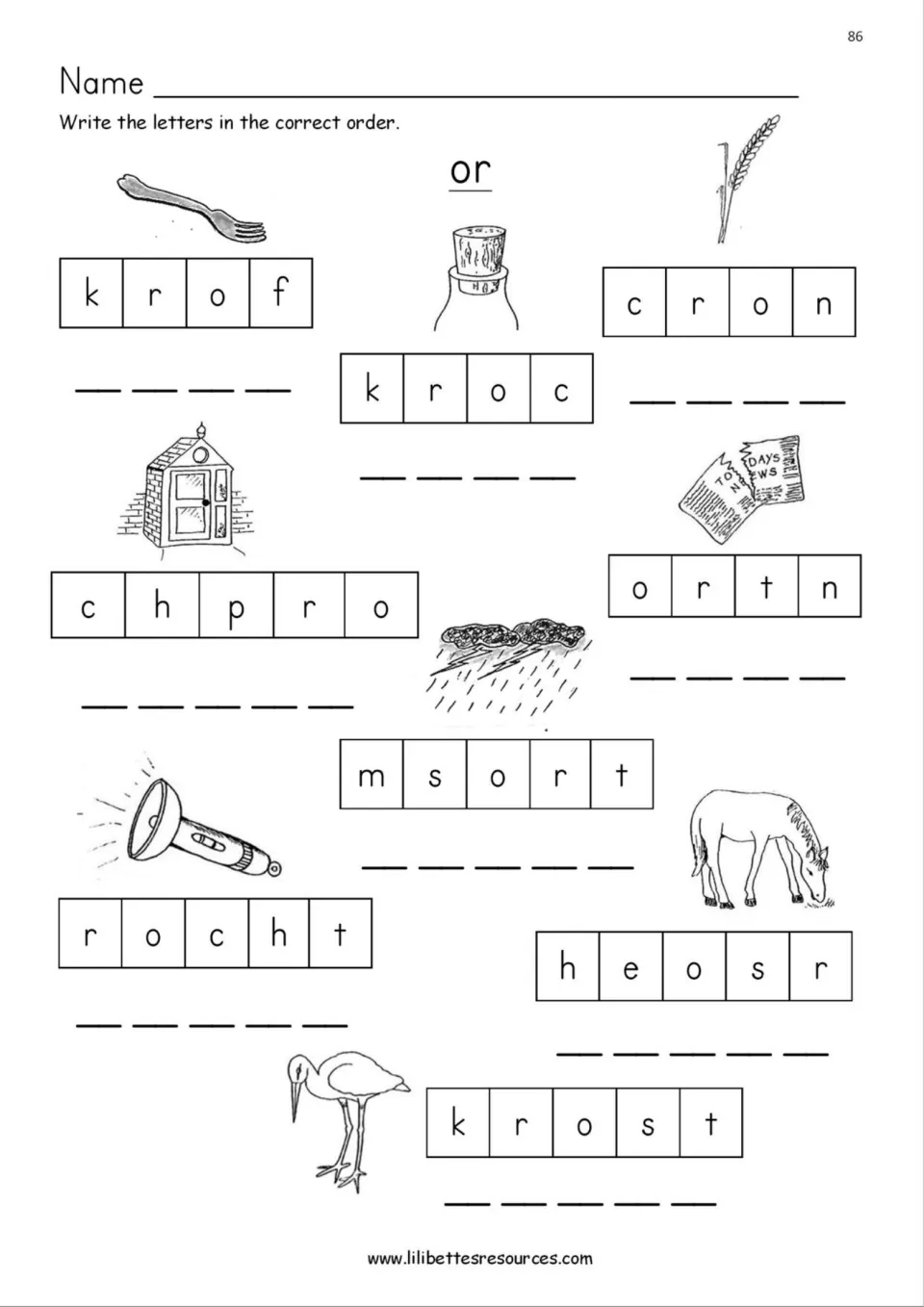 OR word scrambles: students unscramble letters such as k-r-o-f and m-s-o-r-t to spell fork, storm, stork and more
