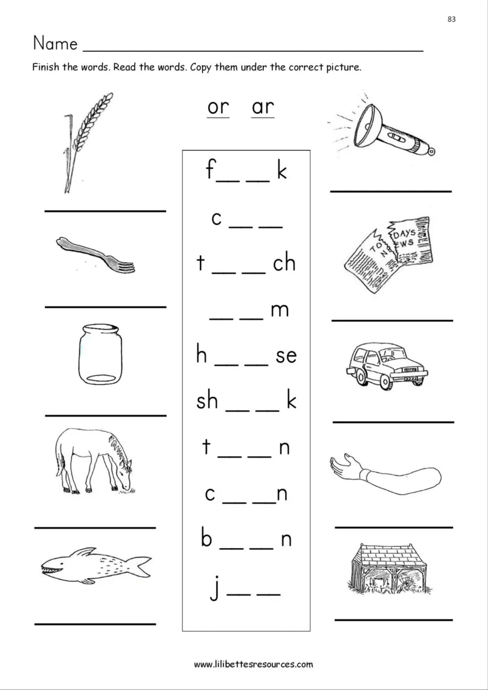 OR and AR word sort: students complete fork, car, jar, barn and more with or or ar, then copy each under its picture