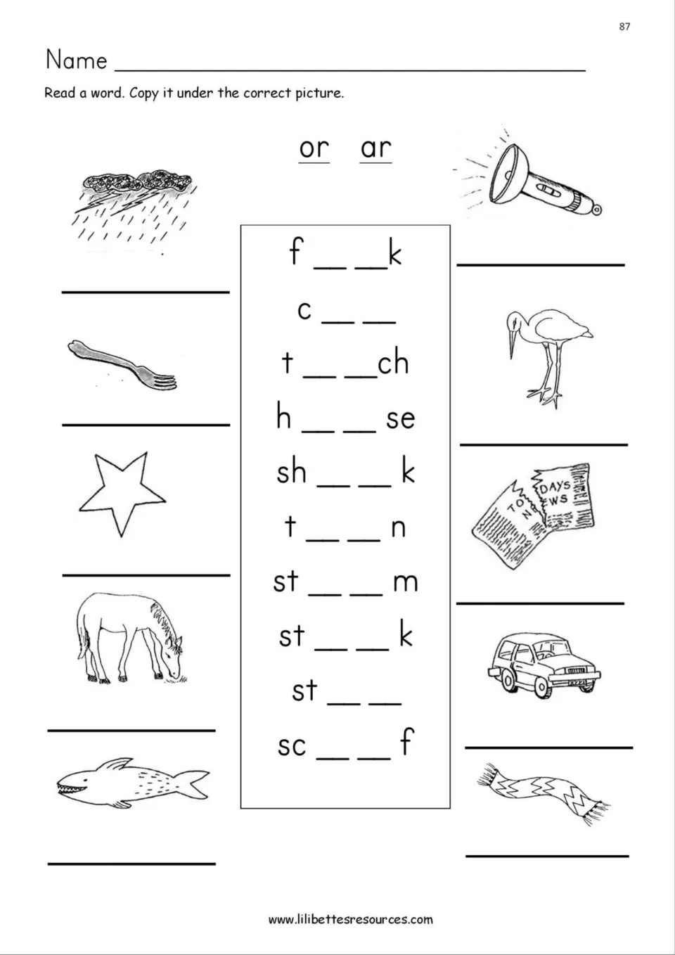 OR and AR picture match: students read storm, star, stork and scarf and copy each under the matching picture