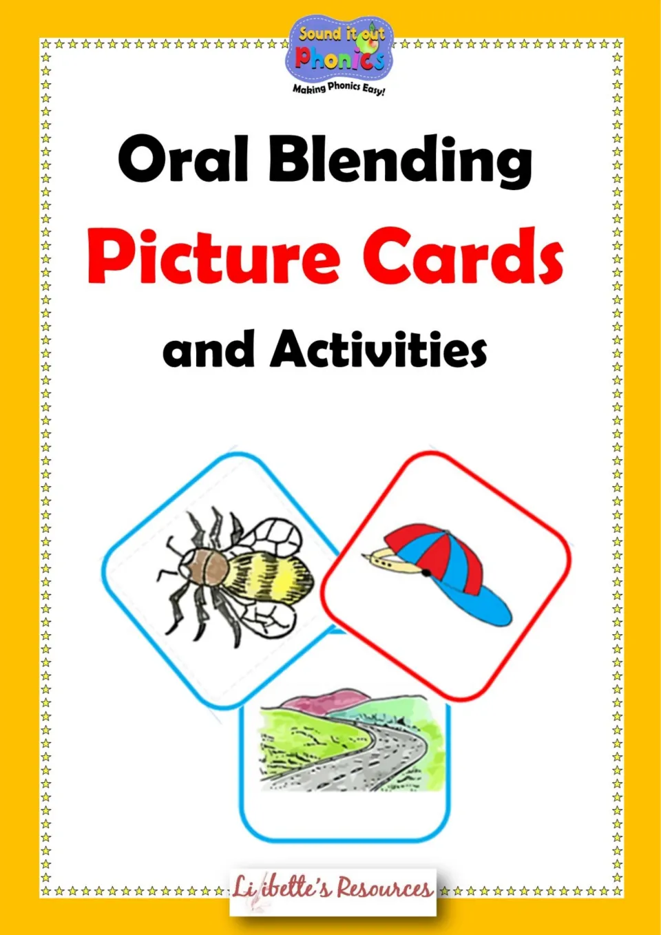 Oral Blending Picture Cards and Activities cover from Sound it out Phonics, showing bee, cap and road picture cards
