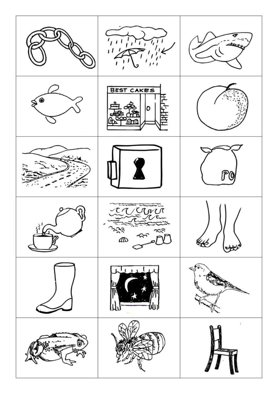 Black-and-white mixed sounds picture cards to cut out: chain, rain, shark, fish, shop, peach, road, lock, tea, feet, bee
