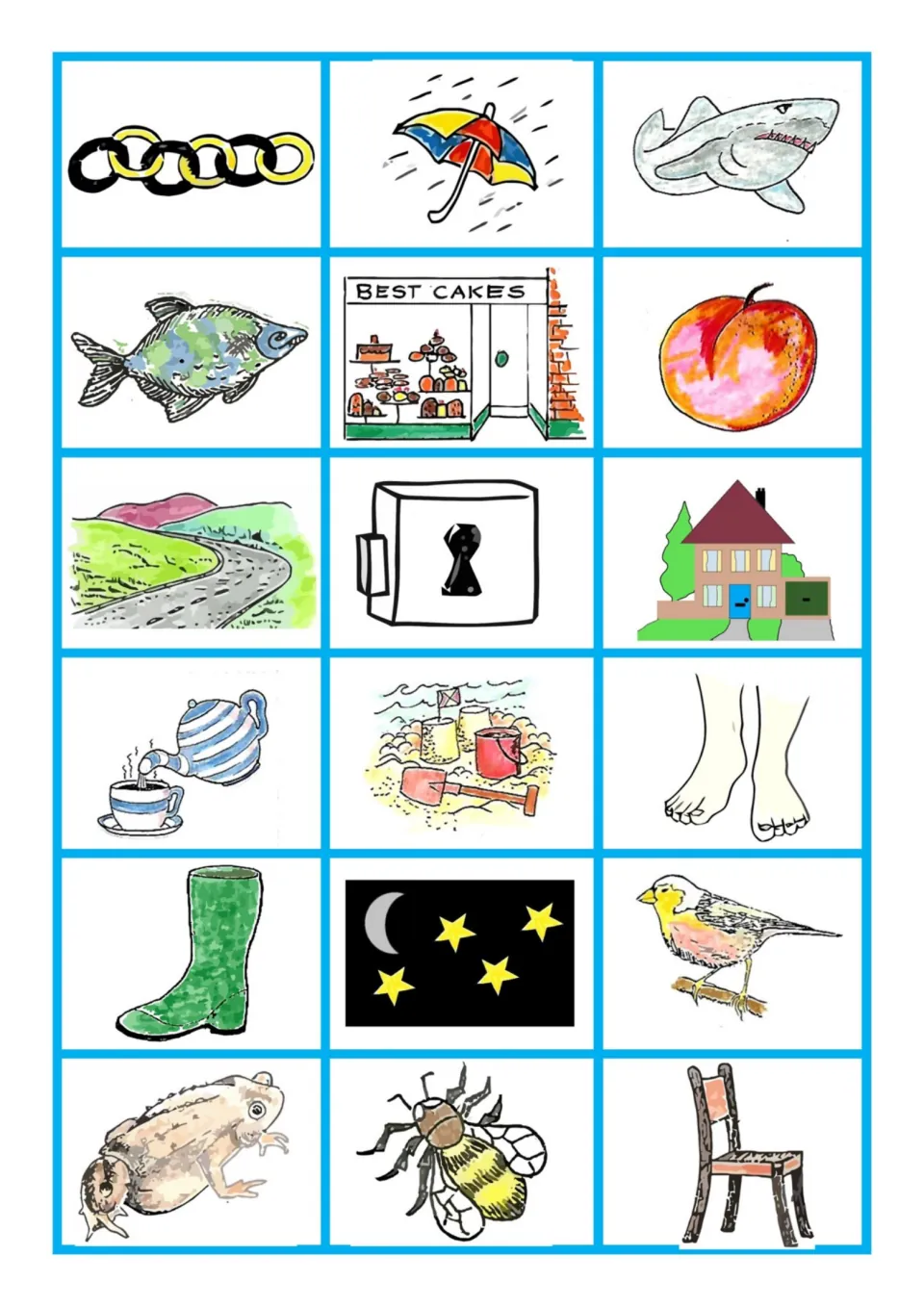 Color blue-card pictures to cut out, matching the line art: chain, rain, shark, fish, shop, road, beach, boot, night, chair