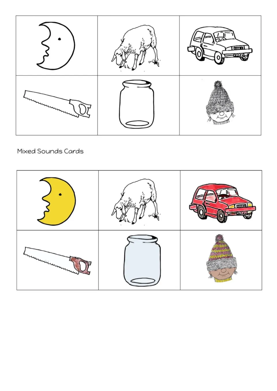 Mixed Sounds Cards for moon, sheep, car, saw, jar and hat, printed once in black and white and once in color for cutting