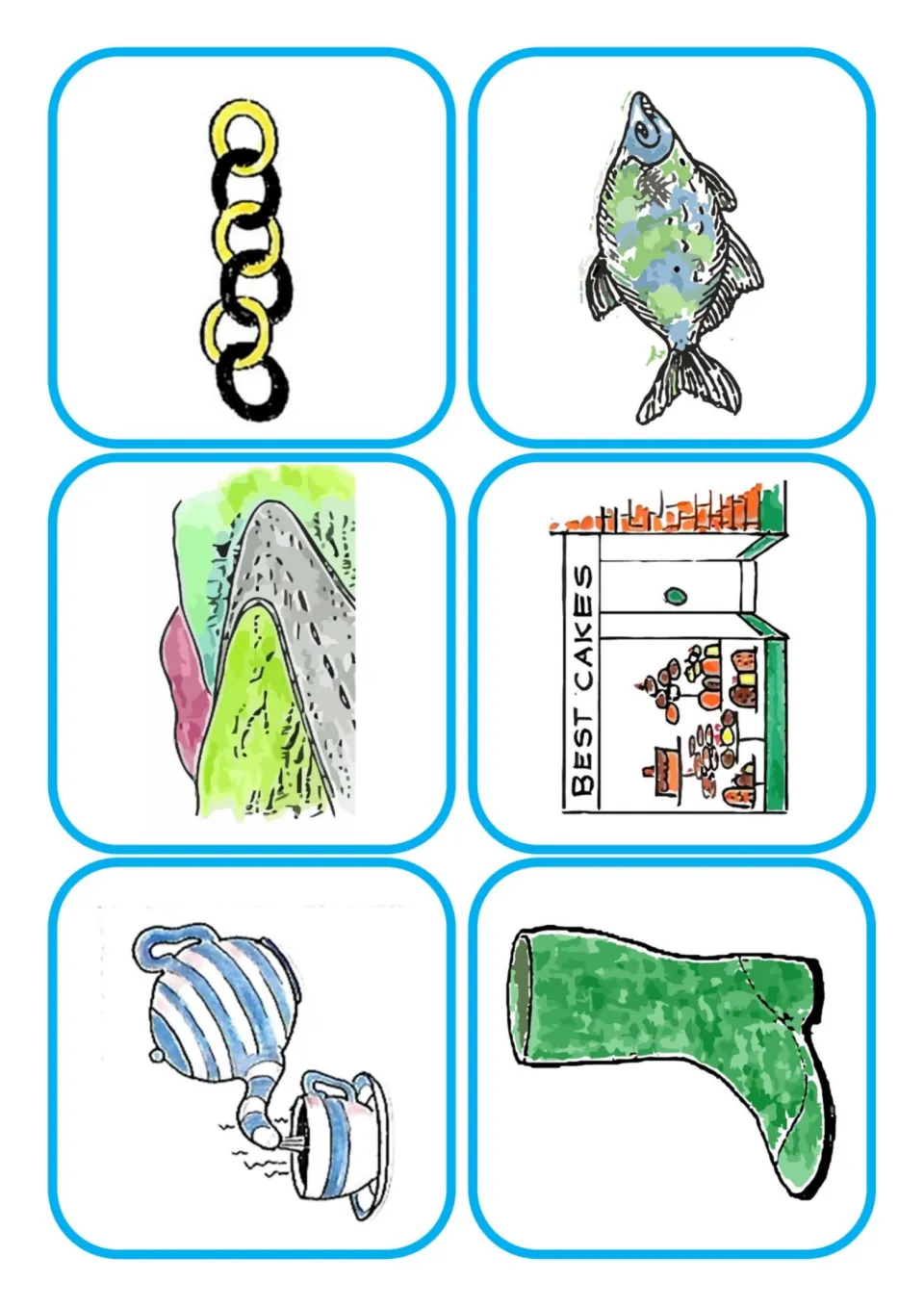 Large rounded picture cards to cut out showing chain, fish, road, shop, tea and boot for sound-by-sound blending games