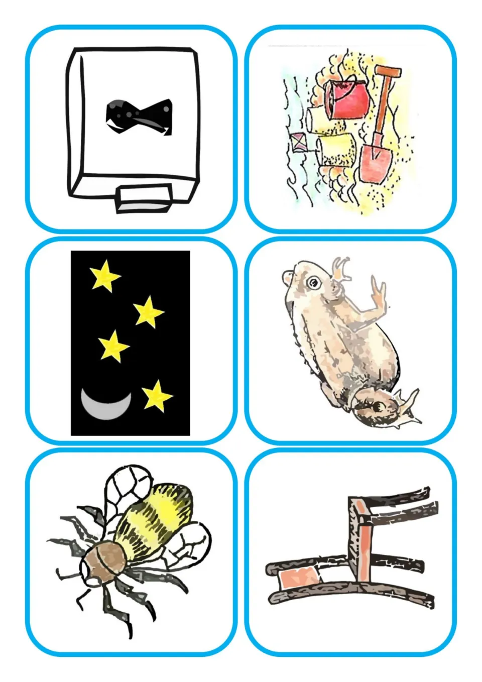Second sheet of large rounded cards: lock, beach, night, toad, bee and chair for children to hear sounds and blend