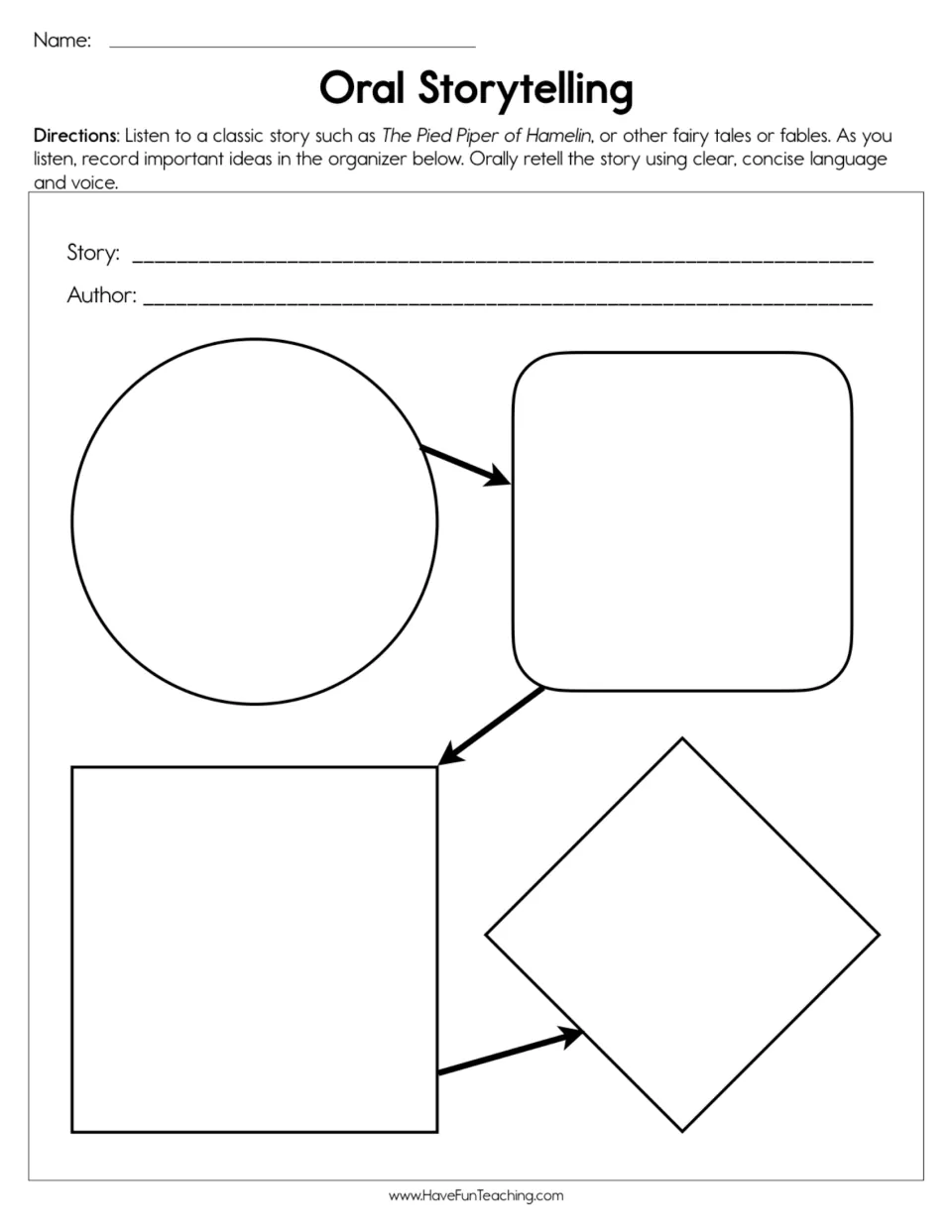 Oral storytelling organizer for recording a story, its author, and important ideas before retelling it aloud.